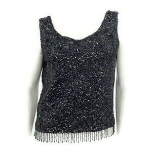 Vintage Buffums Sleeveless Beaded Tank Top Black Sequins Fringe Wool Zippered